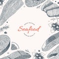 Seafood frame template, vector template with hand drawn ink illustrations of salmon fish, fillet, steak, copy space for