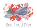 Seafood and fresh fish diet from lobster, crab, salmon fish, squid, octopus, shrimp, shells on white background for