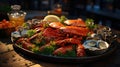 Seafood with fresh lobster, mussels, oysters as an ocean gourmet dinner background