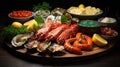 Seafood with fresh lobster, mussels, oysters as an ocean gourmet dinner background