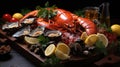 Seafood with fresh lobster, mussels, oysters as an ocean gourmet dinner background