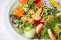 Seafood fresh salad with shrimps, mussels, salmon, green and cucumber Royalty Free Stock Photo