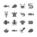 Seafood glyph icon set. Vector collection with tuna, crab, lobster, shrimp, trout, caviar, squid, octopus