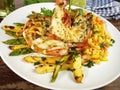 Seafood - Grilled King Prawn - Tiger Prawn with Rice and Asparagus Royalty Free Stock Photo