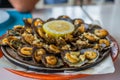 Seafood - grilled limpets served with lemon. Lapas grelhadas Royalty Free Stock Photo