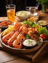 Seafood, Grilled shrimps on wooden tray with sauce and glass of beer