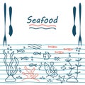 Seafood. Hand drawn calligraphy, lettering, typography for poster, logo , banners . Drawings of the contours of the fish