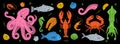 Seafood hand drawn set. Sea animal line banner. Seafood meal menu horizontal illustration. Fishes, lobster, squid