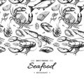 Seafood hand drawn vector framed illustration. Crab, lobster, shrimp, oyster, mussel, caviar and squid.