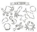 Seafood hand drawn vector illustrations isolated on white background, elements for restaurant menu design, decor, label. Royalty Free Stock Photo