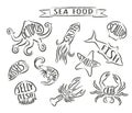 Seafood hand drawn vector illustrations isolated on white background, elements for restaurant menu design, decor, label. Royalty Free Stock Photo