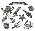 Seafood hand drawn vector illustrations isolated on white background, elements for restaurant menu design, decor, label. Royalty Free Stock Photo