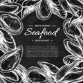 Seafood hand drawn vector mussel and oyster framed illustration. Engraved style blackboard template Royalty Free Stock Photo