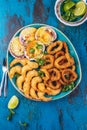 SEAFOOD hot platter baked scallops, fried squid rings and shimps Royalty Free Stock Photo