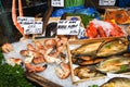 Seafood on ice at the fish market Royalty Free Stock Photo