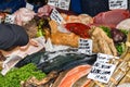 Seafood on ice at the fish market Royalty Free Stock Photo