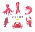 Seafood icons collection. Vector illustration. Seafood platter - crab, lobster, fish, octopus, shrimp, crayfish. Pink