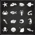 Seafood icons set chalkboard