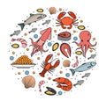 Seafood icons set in round shape, line, sketch, doodle style. Royalty Free Stock Photo