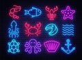 Seafood icons set. Seafood collection neon signs. Bright signboard, light banner. Neon isolated icon, emblem, design Royalty Free Stock Photo