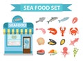 Seafood icons set vector, flat style. Sea food collection isolated on white background. Fish products illustration Royalty Free Stock Photo