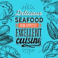 Seafood illustration - fish, crab, lobster, shrimp, mussel for restaurant