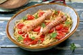 Seafood Italian pasta with mantis shrimp, or sea cicadas Royalty Free Stock Photo