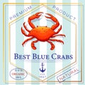 Seafood label or blue crab banner. Vintage vector sea food badge or poster with crab and anchor silhouette on blue Royalty Free Stock Photo