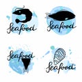 Seafood lettering set. Hand drawn label for food packaging, local sea product simple stamp collection. Text with blue abstract