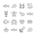 Seafood line icon set. Vector collection with tuna, crab, lobster, shrimp, trout, caviar, squid, octopus