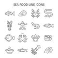 Seafood line icon set. Vector collection with tuna, crab, lobster, shrimp, trout, caviar, squid, octopus