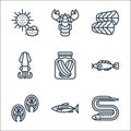 seafood line icons. linear set. quality vector line set such as angler, mackerel, salmon, catfish, pickles, squid, dolly fish,