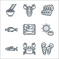 seafood line icons. linear set. quality vector line set such as mussel, crab, mackerel, sea urchin, kazunoko, catfish, dolly fish Royalty Free Stock Photo