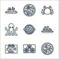 seafood line icons. linear set. quality vector line set such as mussel, sea urchin, fish, pasta, shrimp, octopus, crab, tom yum Royalty Free Stock Photo