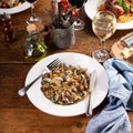 Seafood linguine pasta with clams served with wine Royalty Free Stock Photo