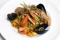 seafood linguine pasta with langostino, octopus, squid rings, shrimps, mussels, scampi and clams in white wine tomato sauce