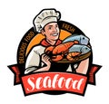 Seafood logo or label. Happy cook holding a tray with food. Cartoon vector illustration