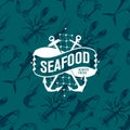 Seafood logo on seamless pattern with tuna, shrimp, crab and lobster, vector illustration