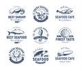 Seafood logo set. Sea creatures, fishing or restaurant emblems. Retro style logo template. Modern emblem idea. Concept