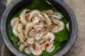 Seafood. Lots of fresh raw prawns or shrimps fish market in Kerala India.