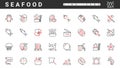 Seafood, marine animal, fish in shop or restaurant menu thin red and black line icons set