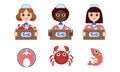 Seafood Market Design Elements Set, Female Sellers in Uniform Holding Wooden Crates with Freshness Fish Vector