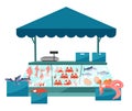 Seafood market stall flat illustration. Fresh sea food in ice trade tent, fish counter. Fair, summer market stand. Local Royalty Free Stock Photo