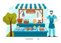 Seafood Market Stall Vector Illustration with Fresh Fish Products such as Octopus, Clams, Shrimp and Lobster in Flat Cartoon