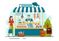 Seafood Market Stall Vector Illustration with Fresh Fish Products such as Octopus, Clams, Shrimp and Lobster in Flat Cartoon