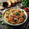 Seafood Medley: Spaghetti Stir-Fry with Basil and Garlic Bread.