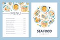 Seafood Menu Design with Fish and Shellfish Dish Served on Plate Vector Template Royalty Free Stock Photo