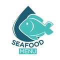 Seafood menu emblem with fish and drop illustration