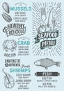 Seafood menu food template for restaurant with doodle hand-drawn graphic.