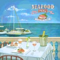 Seafood menu hand drawn illustration, served restaurant table for two on the sea beach Royalty Free Stock Photo